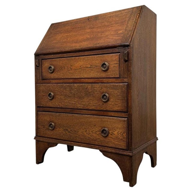 Antique Early 20th Century English Edwardian Oak Bureau For Sale - Image 3 of 14