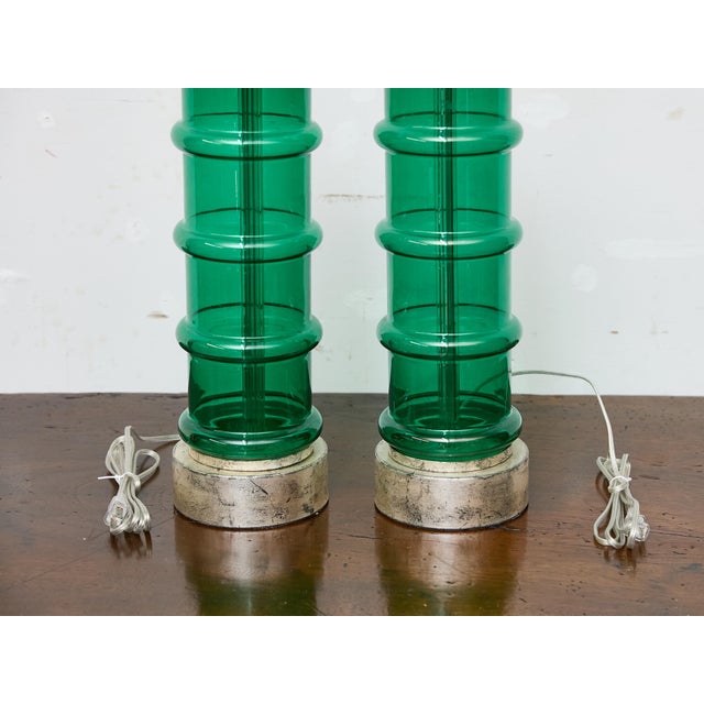 Mid 20th Century Italian Midcentury Ribbed Green Glass Lamps with Silver Bases - Pair For Sale - Image 4 of 9