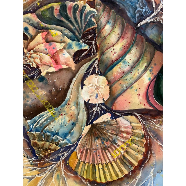 1960s large watercolor of a sand dollar and seaweed with a variety of shells (scallop, conch, etc). Unsigned. 30 x 22.5...