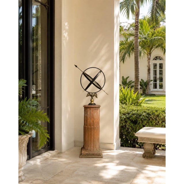 Neoclassical Wrought Iron Armillary Sphere Sundial on Fluted Terracotta Pedestal For Sale - Image 10 of 12