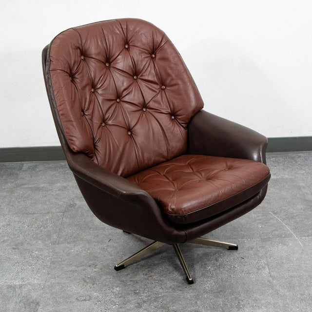 Brown 1960s Mid Century Danish Modern Lounge Chair Swivel Brown Leather Tufted Denmark MCM For Sale - Image 8 of 12