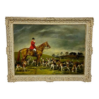British Oil Painting Red Coat Huntsman With Hound Dogs Fernie Hunt by John Theodore Kenney 1957, Framed For Sale
