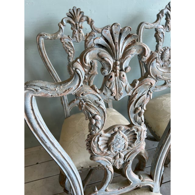 Set of Eight Carved Italian Dining Chairs With Painted Wood Frames and Linen Upholstered Seats - Two Armchairs - Six Sidechairs For Sale - Image 10 of 12