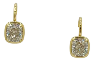 Gia 2 Carat Each White Diamond Cushion Dangle Earrings in 18k Yellow Gold, A Pair