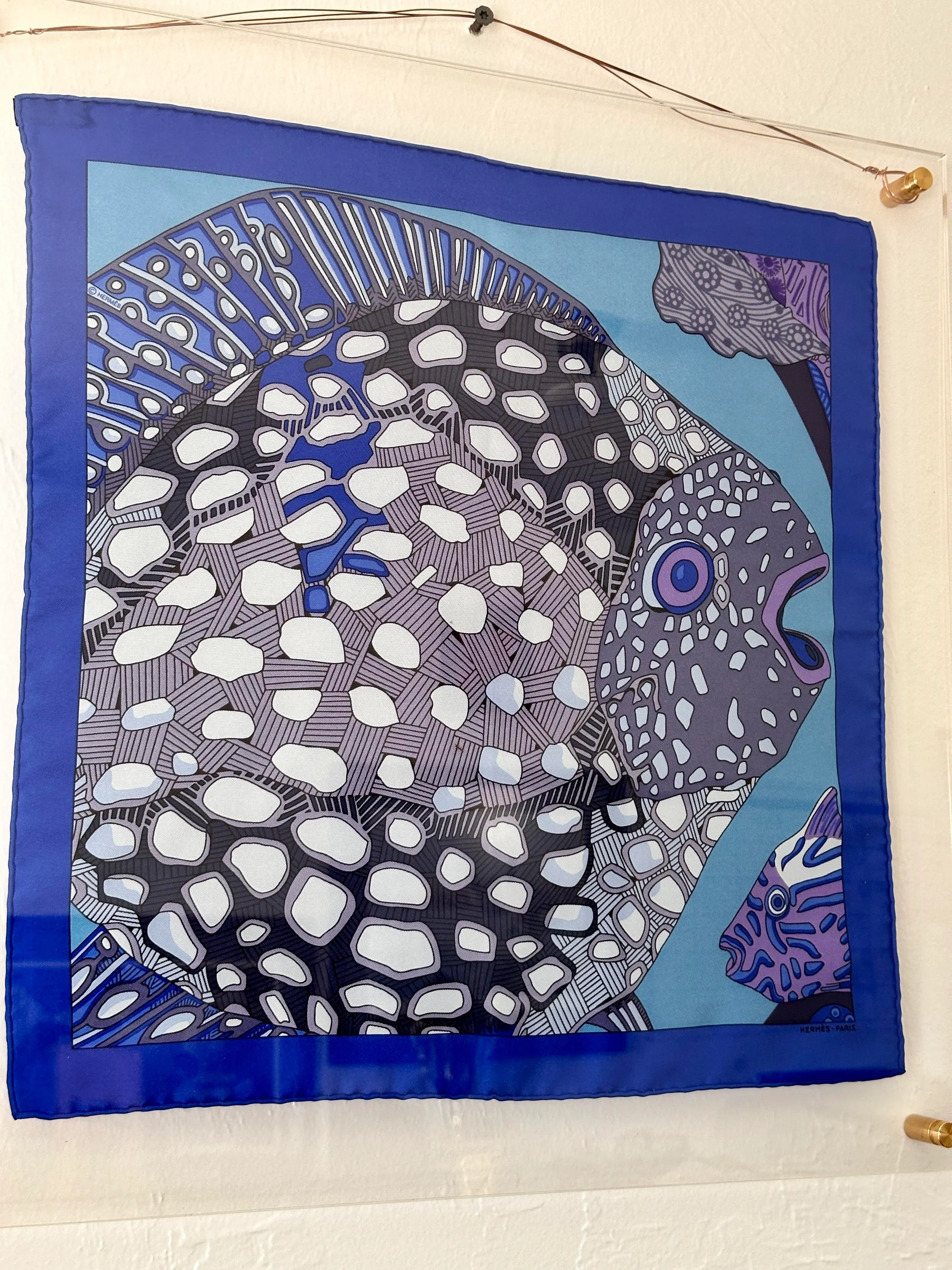 Acrylic Framed Hermès 'Grands Fonds' Blue (Detail) Silk Scarf by