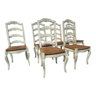 Set of 6 French Country Antiqued Ladder Back Dining Chairs For Sale