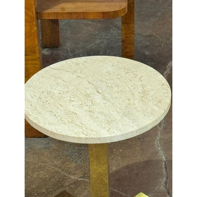 Mid 20th Century Pair of Italian MCM Brass and Travertine Side Tables For Sale - Image 5 of 7