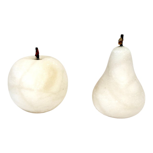 Hand-Carved Alabaster Fruit Sculptures Pear and Apple Collectible 1980s For Sale