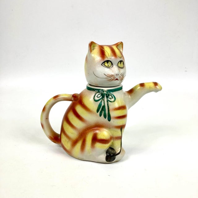 Orange 1920s Chinese Porcelain Tabby Cat Tea Pot For Sale - Image 8 of 8