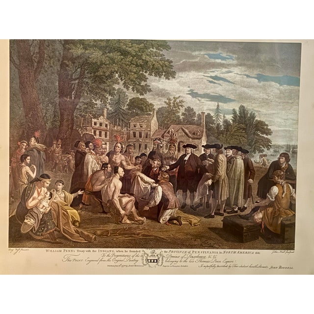 Indian Antique Hand-Colored Engraving “William Penn’s Treaty With the Indians” After Benjamin West, 19th Century Reproduction For Sale - Image 3 of 3