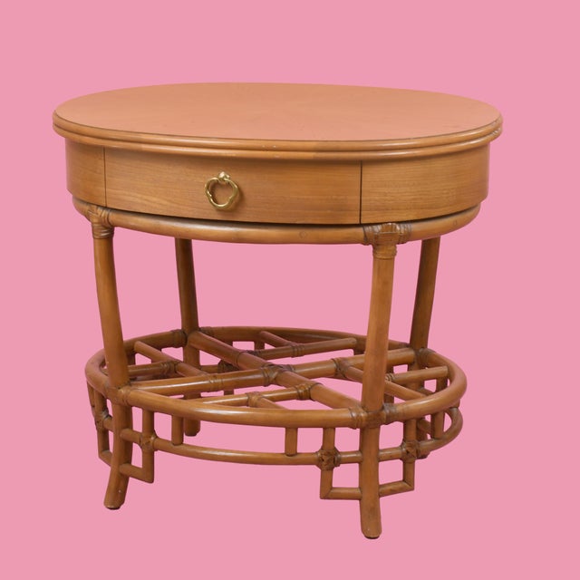 Late 20th Century Late 20th Century Pair of Ficks Reeds Fretwork Oval Rattan Nightstands For Sale - Image 5 of 7