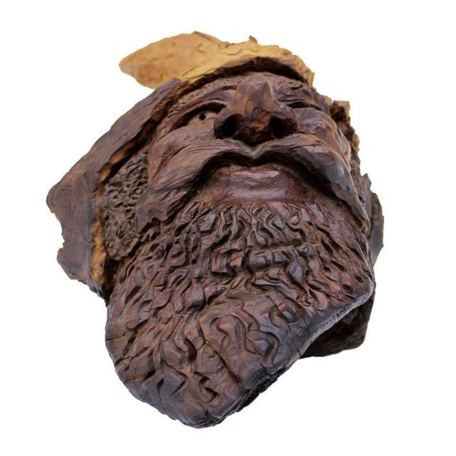 Late 20th Century Very Fine Detailed Burl Wood Carving of an Elf or Gnome Face Wall Sculpture MINT For Sale - Image 4 of 10