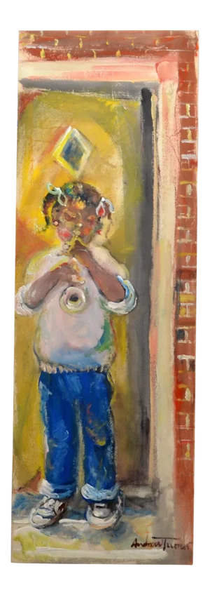 1990s Original Oil Painting "Girl With Trumpet" by Andrew Turner