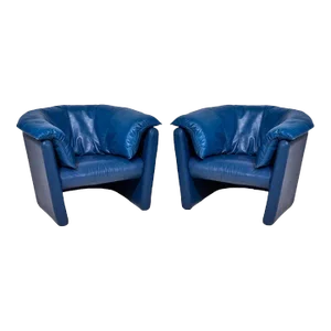 Post Modern Blue Leather Barrel Lounge Chairs, 1980