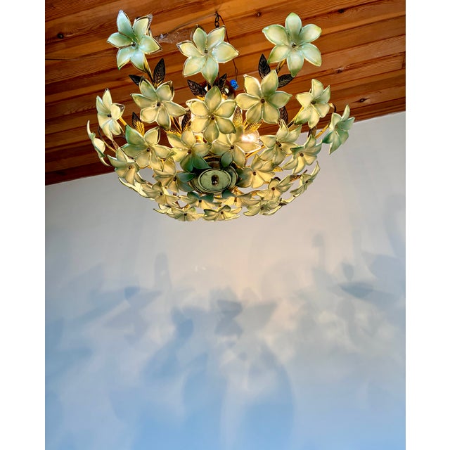 1970s Vintage Murano Style Hand-Painted Green Glass Floral Flush Mount Chandelier⁠ For Sale - Image 16 of 18