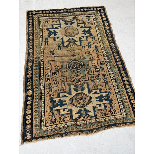 Cashew-Nude & Kiwi Antique Caucasian Lesghi Star GEM Collector's Art Piece Rug 3.5 x 5 For Sale - Image 4 of 12