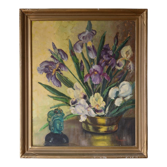Gladys T Smith Still Life of Flowers and Buddha Head Oil Painting For Sale