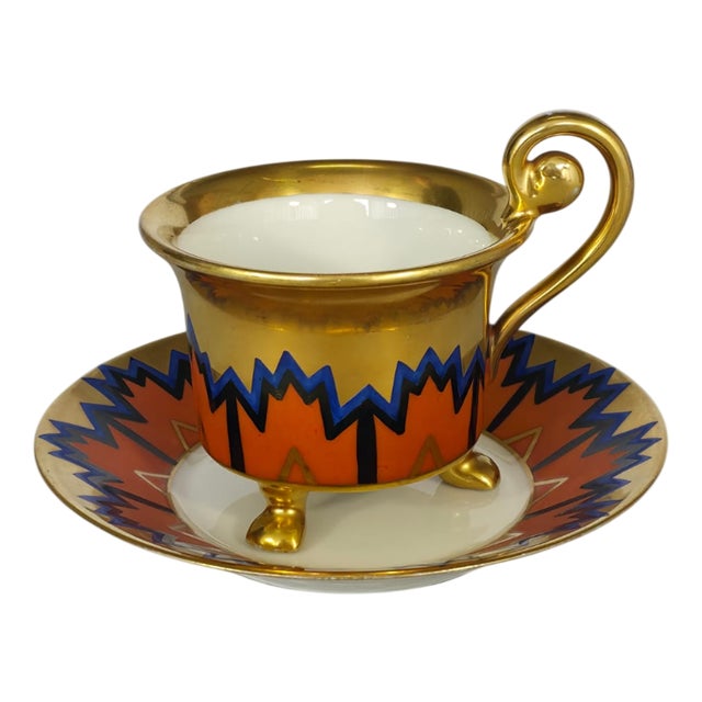 Art Deco Egypt Cup and Saucer with Geometric Sun Pattern and Gilt Feet from Eschenbach Bavaria, Germany, 1920s, Set of 2 For Sale