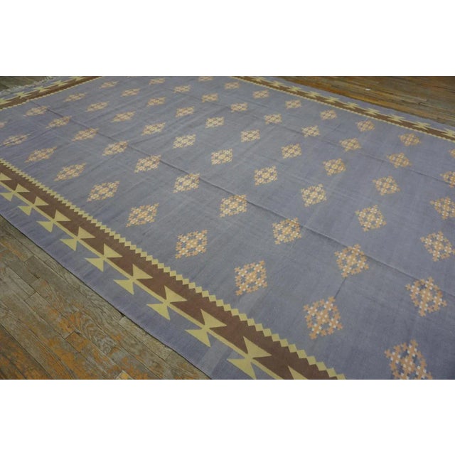 1930s Blue Gray Diamond Antique Indian Cotton Dhurrie Carpet 9'7'' X 15'7'' Flatweave Rug For Sale In New York - Image 6 of 14