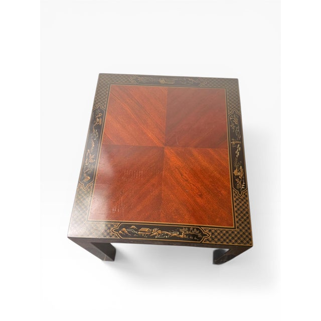 1980s Drexel Heritage Chinoiserie Parsons Side Tables, Pair – Lacquered With Gilt Asian Motif Inlay For Sale In Miami - Image 6 of 14