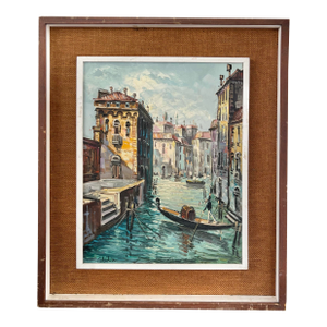 Early 20th Century Vintage Original Framed Painting of a Gondola on Venetian Canal Signed