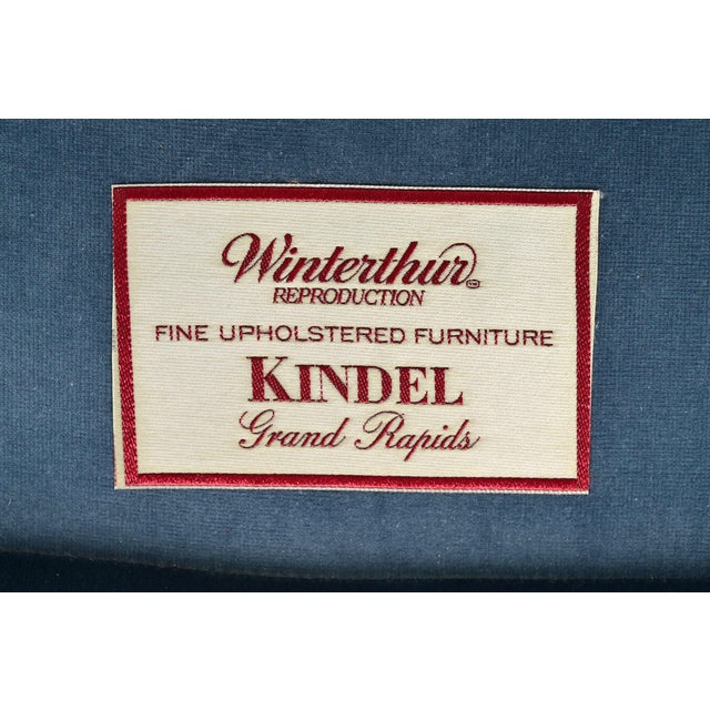 Kindel Furniture Chippendale Carved Mahogany Blue Velvet Upholstered Wingback Lounge Chair For Sale - Image 11 of 15