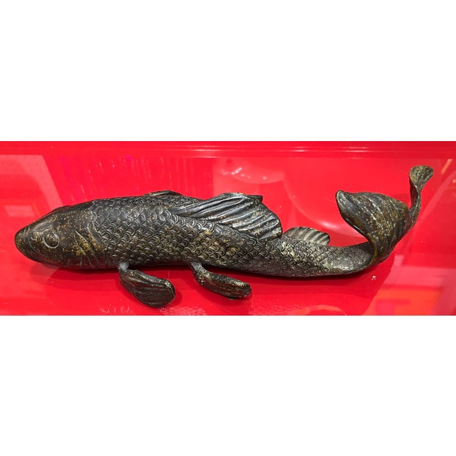 Japanese Antique 19th Century Japanese Meiji Bronze Fish Okimono Sculpture of a Carp or Koi For Sale - Image 3 of 12