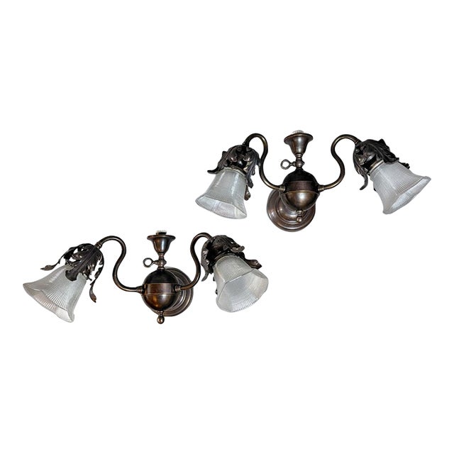 Pair of Early 20th Century Art Nouveau Gas-Electric Wall Lights With Floral Motifs & Frosted Bell Shades For Sale
