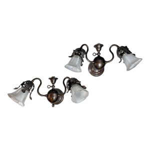 Pair of Early 20th Century Art Nouveau Gas-Electric Wall Lights With Floral Motifs & Frosted Bell Shades