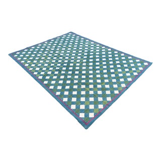 Handmade Cotton Vegetable Dyed Checked Gingham Area Rug Teal Blue With Cream and Forest Green - 6'x9' For Sale