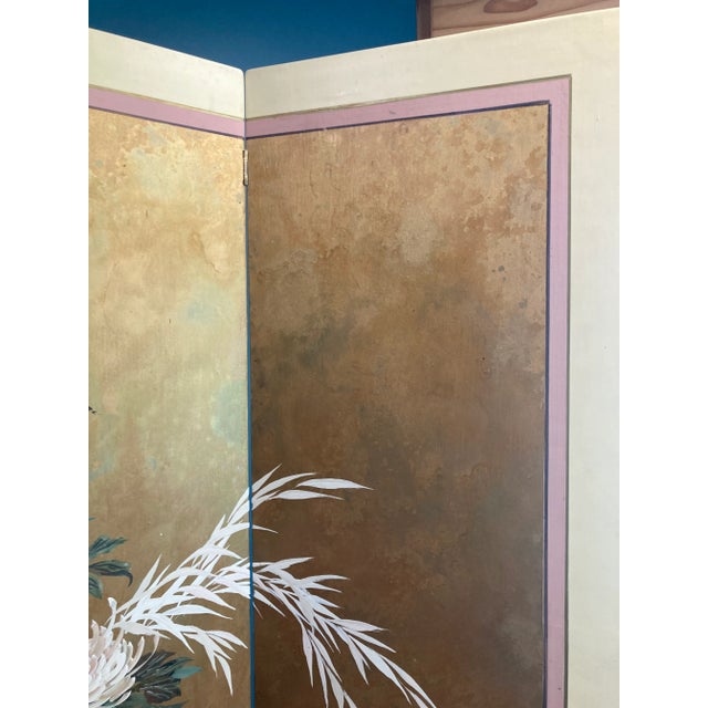 Mid-Century Japanese Style Hand Painted Four-Panel Screen by Lucien Leinfelder For Sale - Image 11 of 13