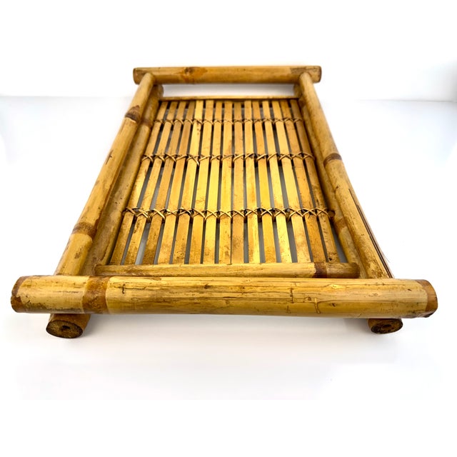 Brown Vintage Mid Century Woven Bamboo Tray With Rustic Character For Sale - Image 8 of 13