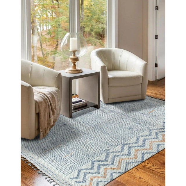 5x9 Ivory Hand-Knotted Wool Chevron Detailed Edge Tribal Modern Carpet Rug For Sale - Image 9 of 11