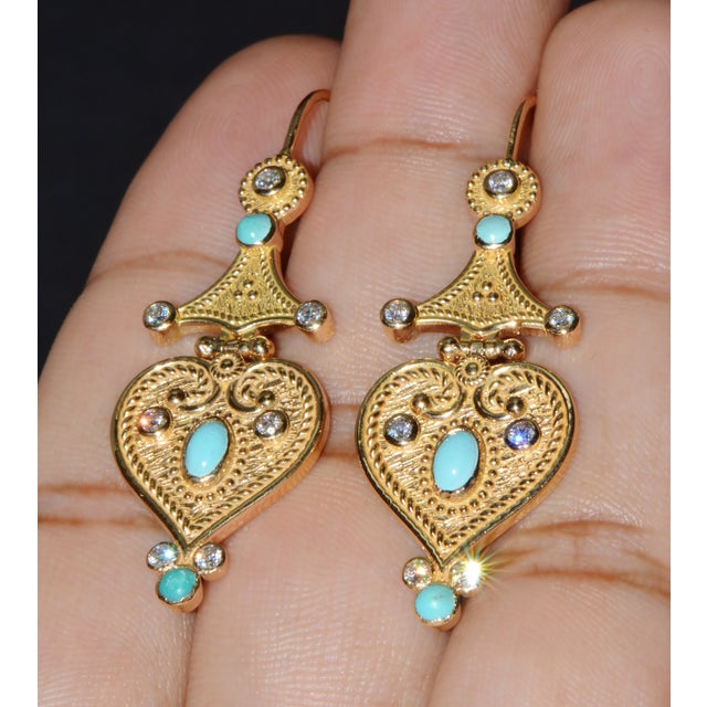 Gorgeous Natural Diamond Turquoise 18k Solid Gold Byzantine Beaded Greek Dangle Earrings, A Pair For Sale In Dallas - Image 6 of 11