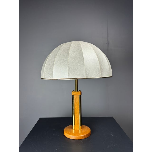 Mid-Century Austrian Hollywood Regency Oak and Brass Table Lamp with Mushroom Shade, 1960s For Sale - Image 11 of 17