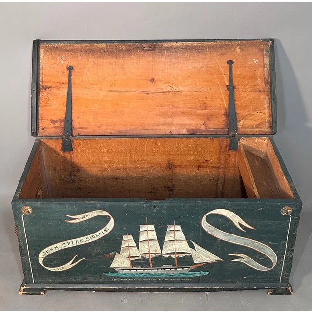 Wood 19th Century Dark Green-Blue Painted Maritime Sea Chest / Trunk, Ship John Speark, Rockland Maine For Sale - Image 7 of 12