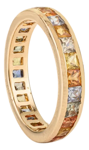 Pop Art Style Rainbow Multi Sapphire Eternity Band Ring in 14k Yellow Gold Size 6.5