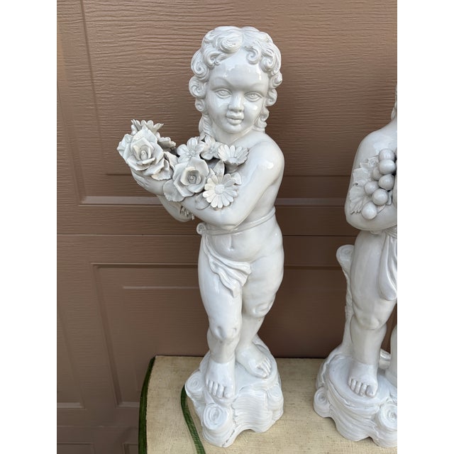 Mid 20th Century Neoclassical Italian White Porcelain Allegorical Cherub or Putti Statues of the Four Seasons, Set of 4 For Sale - Image 4 of 18