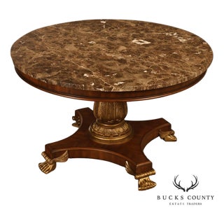 Drexel Neoclassical Revival Round Marble Top Pedestal Dining or Center Table With Claw Feet For Sale