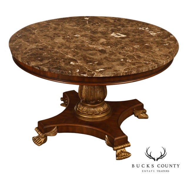 Drexel Neoclassical Revival Round Marble Top Pedestal Dining or Center Table With Claw Feet For Sale