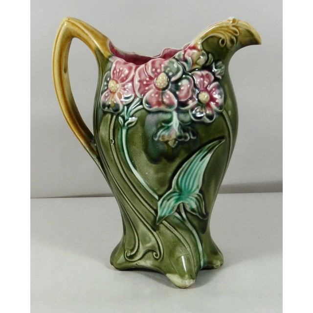 Early 1900s Majolica Pink Flowers Pitcher Onnaing For Sale - Image 4 of 6
