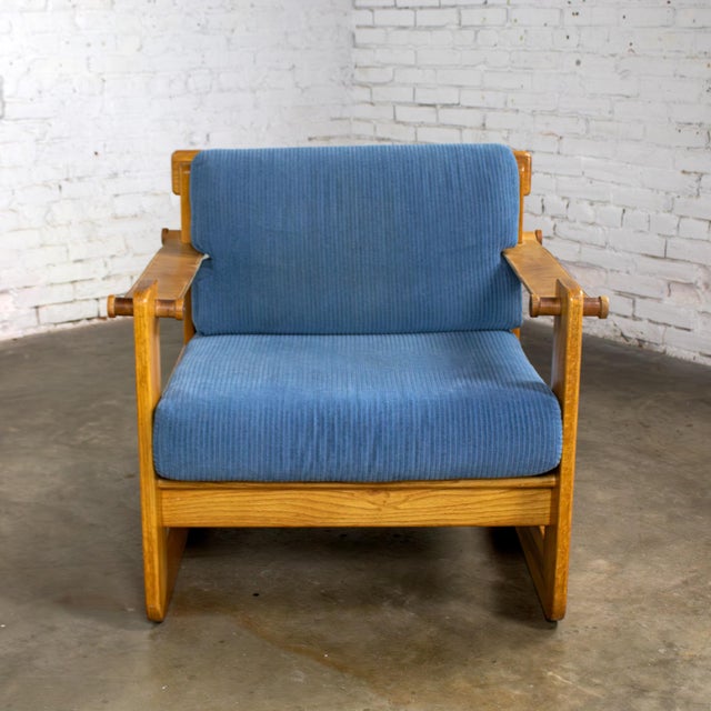 Fantastic vintage Scandinavian Modern oak Safari sling club or lounge armchair with tan leather arms & blue corduroy foam...