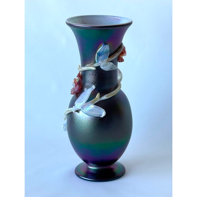 Contemporary Iridesed Black Glass Vase with Sculpture Glass Flowers by Loetz For Sale - Image 3 of 9