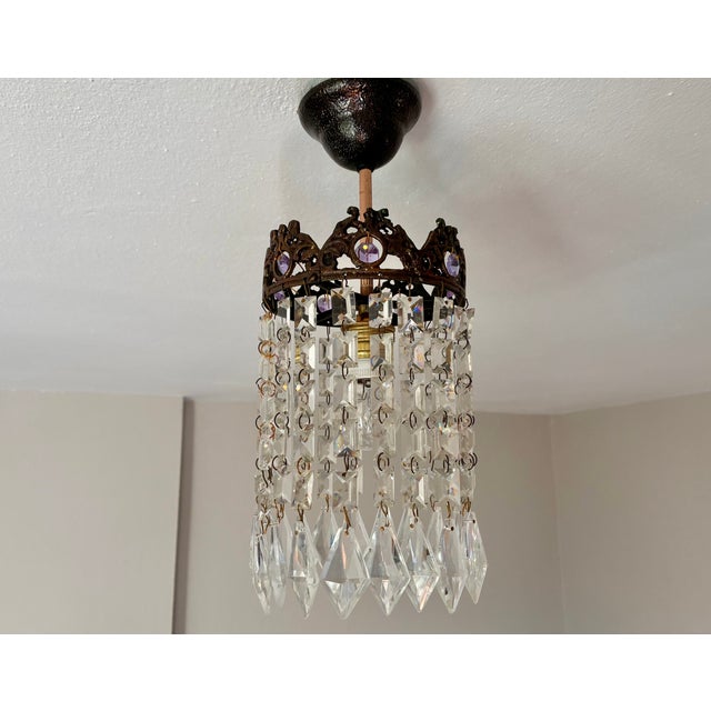 Small Vintage Crystal Chandelier – Bronze Filigree Crown & Amethyst Glass Accents For Sale - Image 17 of 18