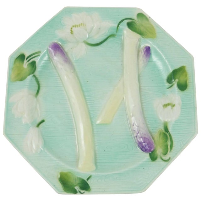 1900 - 1909 Majolica Water Lily Asparagus Plate Keller & Guerin Saint Clement For Sale - Image 5 of 5