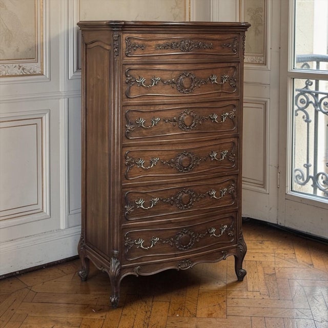 Gorgeous French solid walnut sets the tone for this beautifully expressive Louis XV style chiffonier, where the richness...