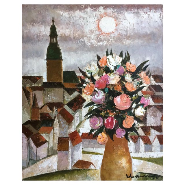 Laimdots Murnieks, City with Roses, 1988, Oil on Cardboard For Sale
