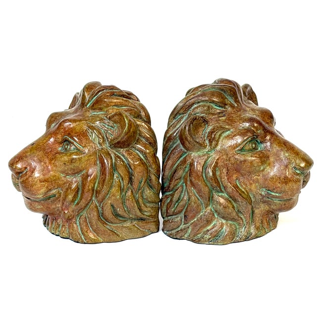 Pair of Regal Bronze Lion Head Bookends with Verdigris Patinated Highlights For Sale - Image 11 of 11