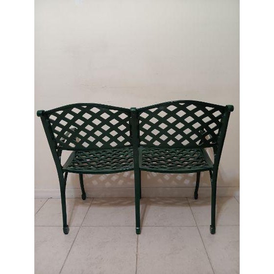 Mid-Century Modern Vintage Cast Iron Patio Bench Lattice Design Green Mid Century Modern For Sale - Image 3 of 14