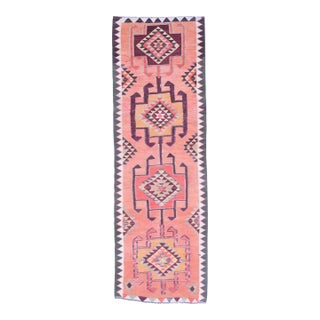 1970s Vintage Handmade Wool Cotton Pink Runner Rug For Sale